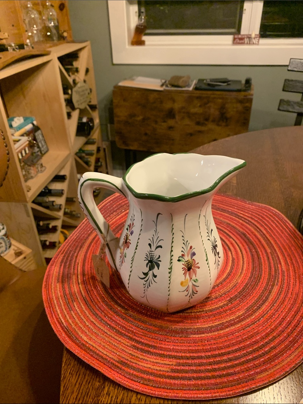 Hand-Painted Floral Ceramic Pitcher in White and Green